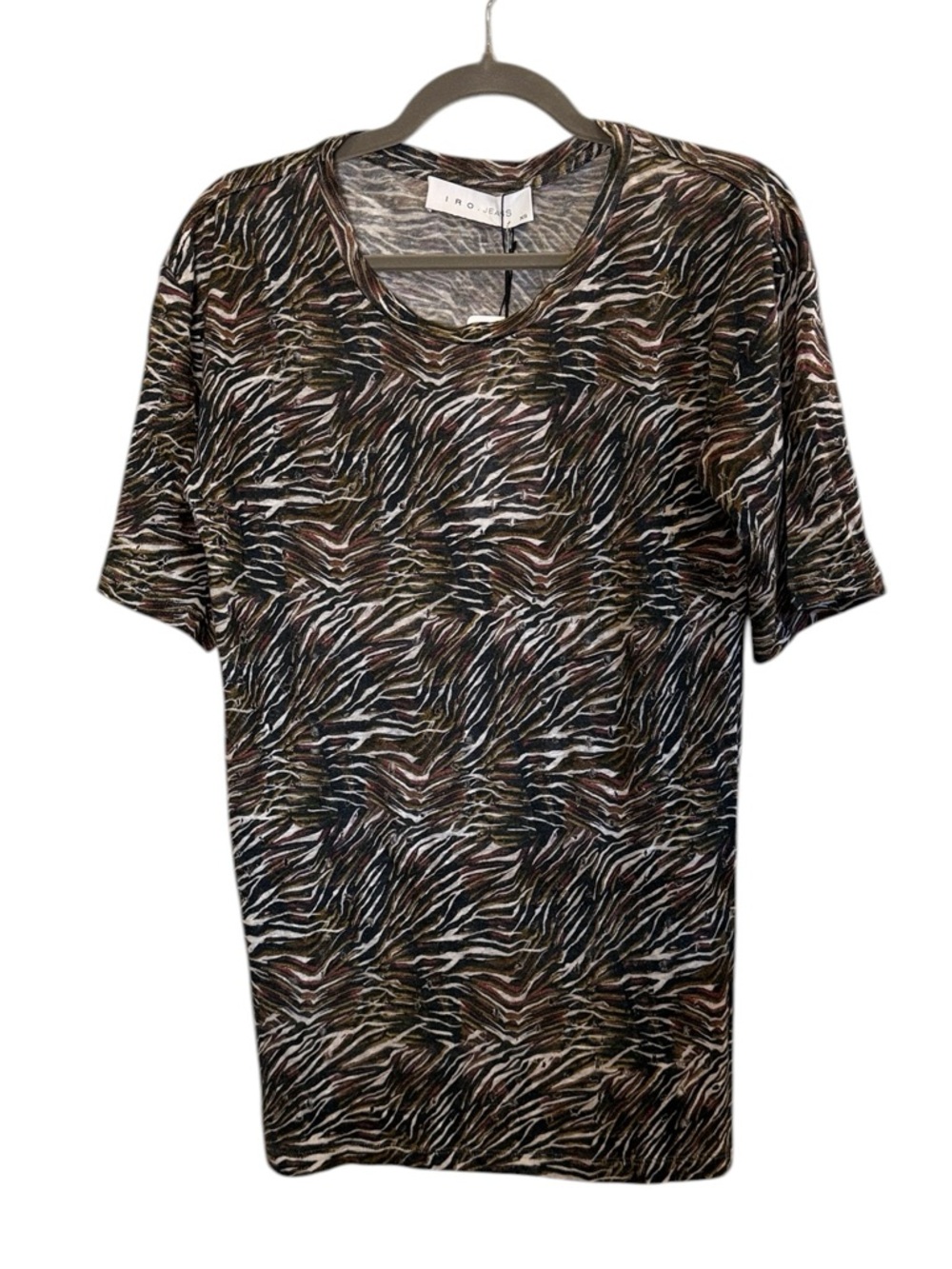 IRO Jeans Women’s 100% Linen Edgy Animal Print Short Sleeve Tee in Color Shay XS